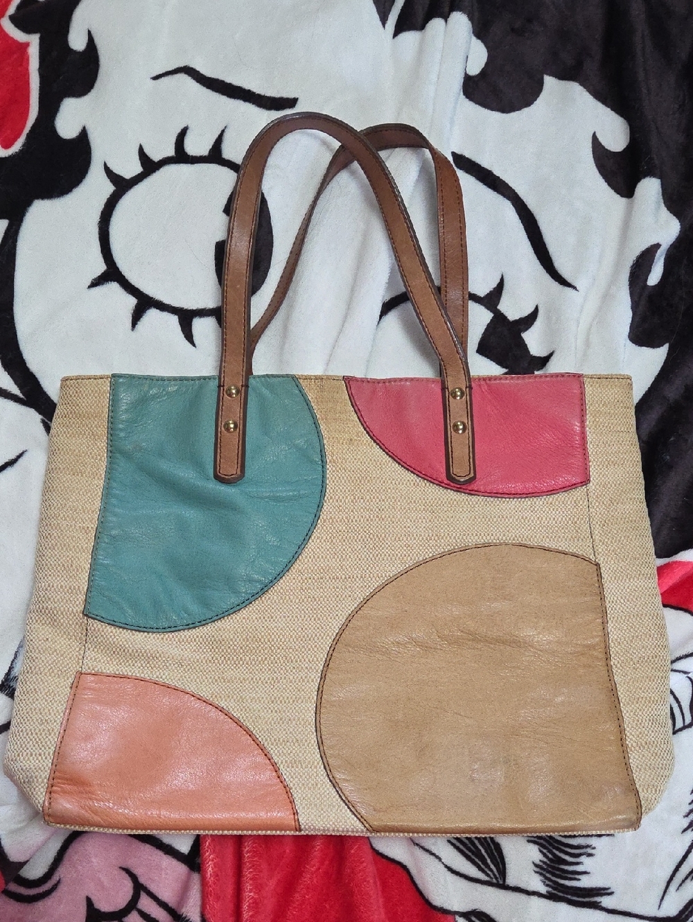 Fossil Vintage Leather &  Canvas Tote Bag with Brown Handles
